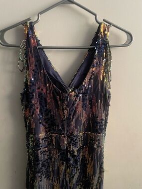 Navy Sequin Prom Dress with Multicolor Iridescent Accents